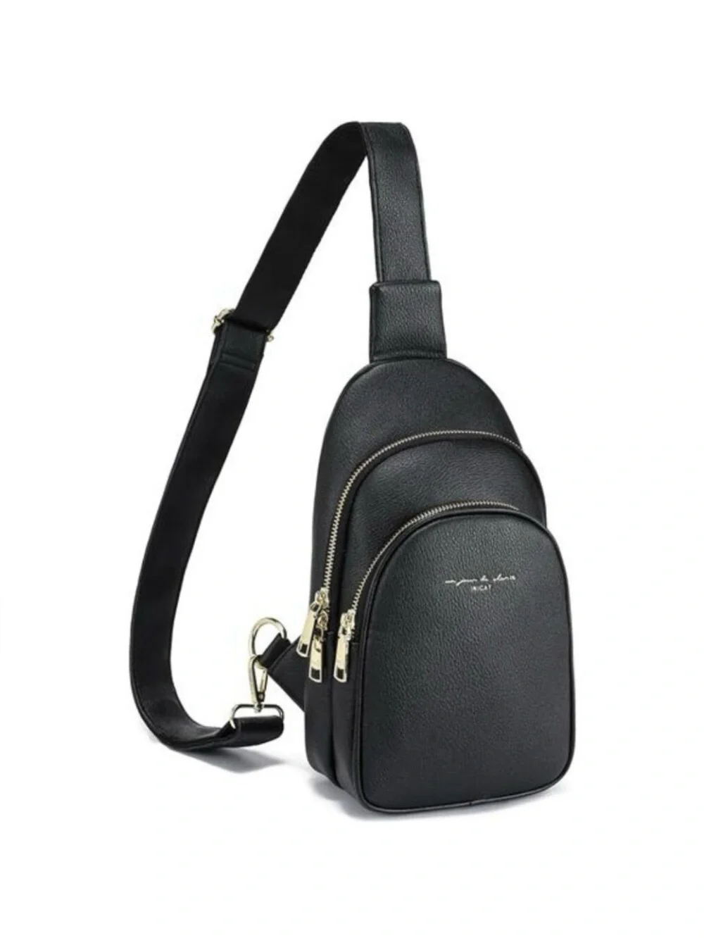 INICAT Black Pebbled Vegan Leather Sling Bag Gold-tone Zippers, EUC
